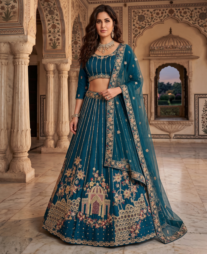 Royal Teal Embroidered Lehenga Choli Set with Dupatta