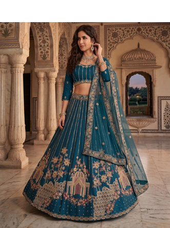 Royal Teal Embroidered Lehenga Choli Set with Dupatta 2