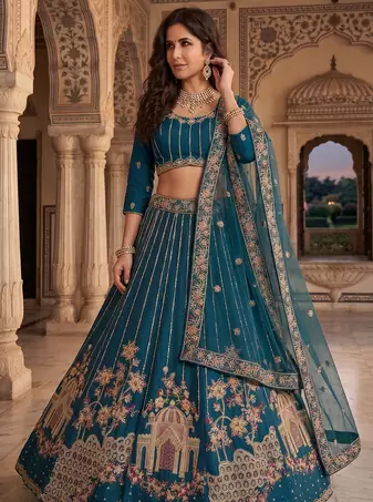 Royal Teal Embroidered Lehenga Choli Set with Dupatta