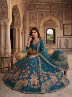 Royal Teal Embroidered Lehenga Choli Set with Dupatta 3