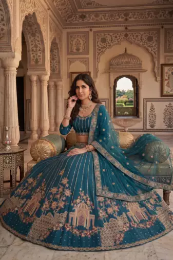 Royal Teal Embroidered Lehenga Choli Set with Dupatta