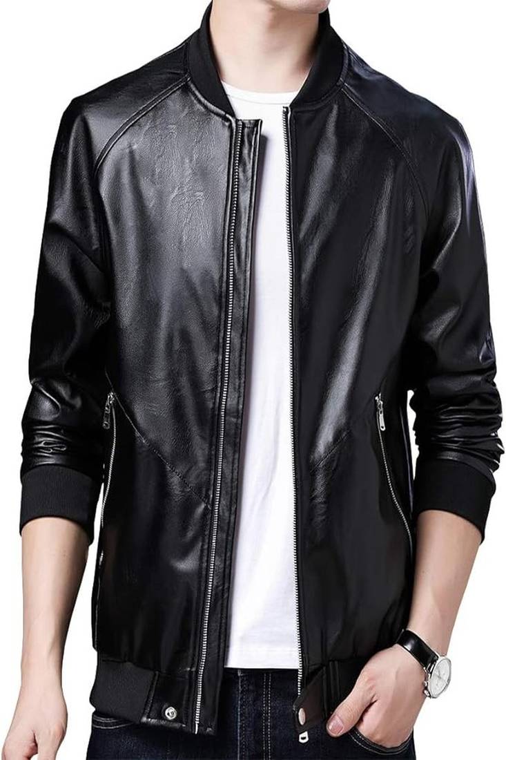 Men’s black genuine lambskin leather jacket – ribb collar &  ribb hand style