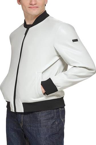 Men’s white genuine lambskin leather jacket – ribb collar &  ribb hand style