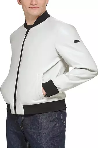 Men’s white genuine lambskin leather jacket – ribb collar &  ribb hand style