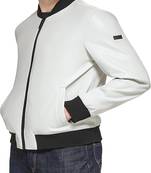 Men’s white genuine lambskin leather jacket – ribb collar &  ribb hand style