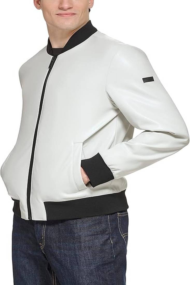 Men’s white genuine lambskin leather jacket – ribb collar &  ribb hand style