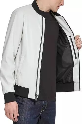 men's white lambskin leather jacket classic zip up style authentic