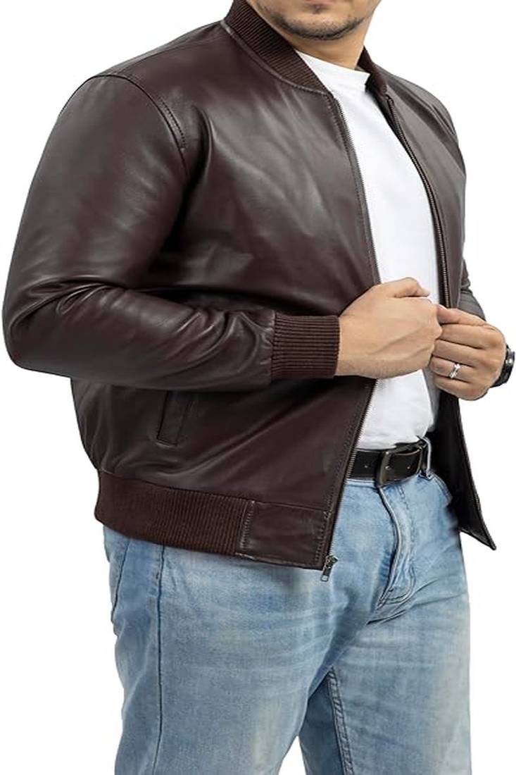 Men’s brown genuine lambskin leather jacket – ribb collar &  ribb hand style