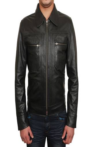 men's black lambskin leather biker jacket stand up collar style premium