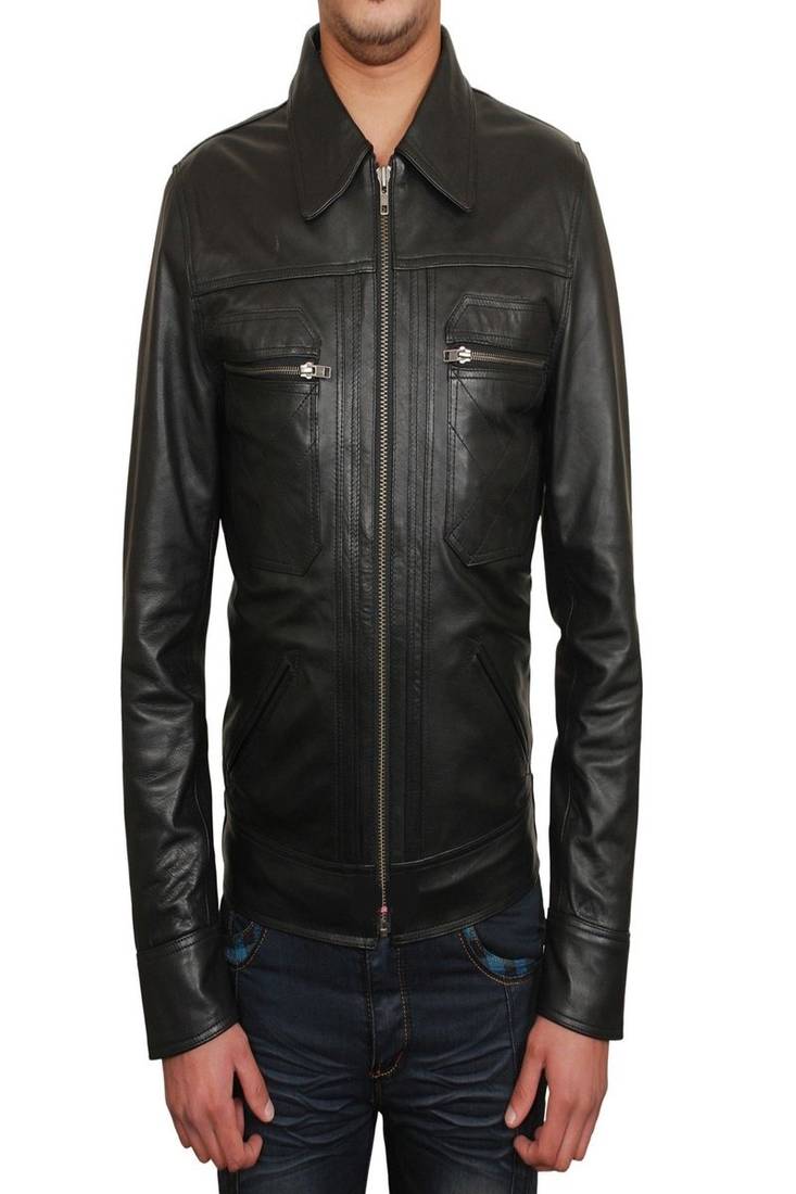Men’s black  leather moto jacket – stand collar &2 pocket  slim fit style