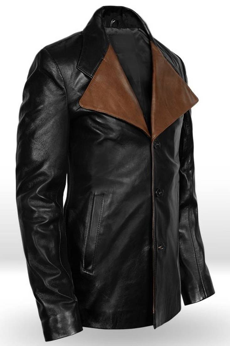 Men’s premium black leather jacket – 2 pocket style button front coat