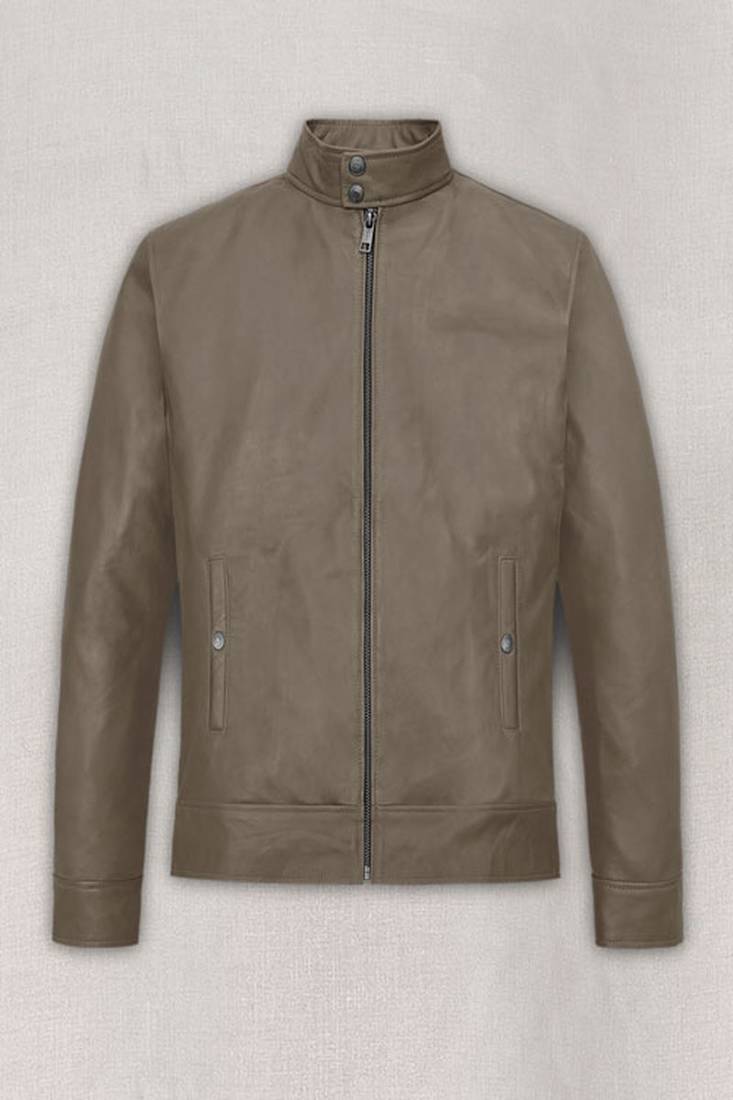 Men’s premium tan brown leather moto jacket – café racer  collar biker style