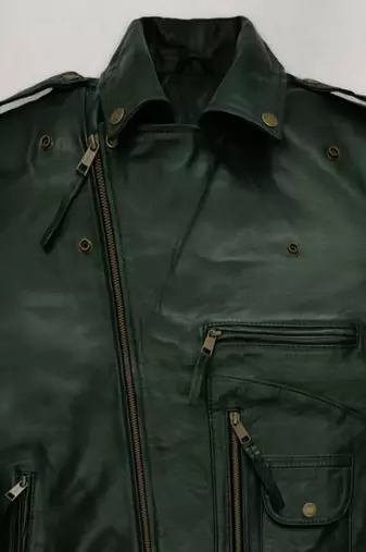 Men’s  dark green leather jacket – zip-up biker jacket chain style