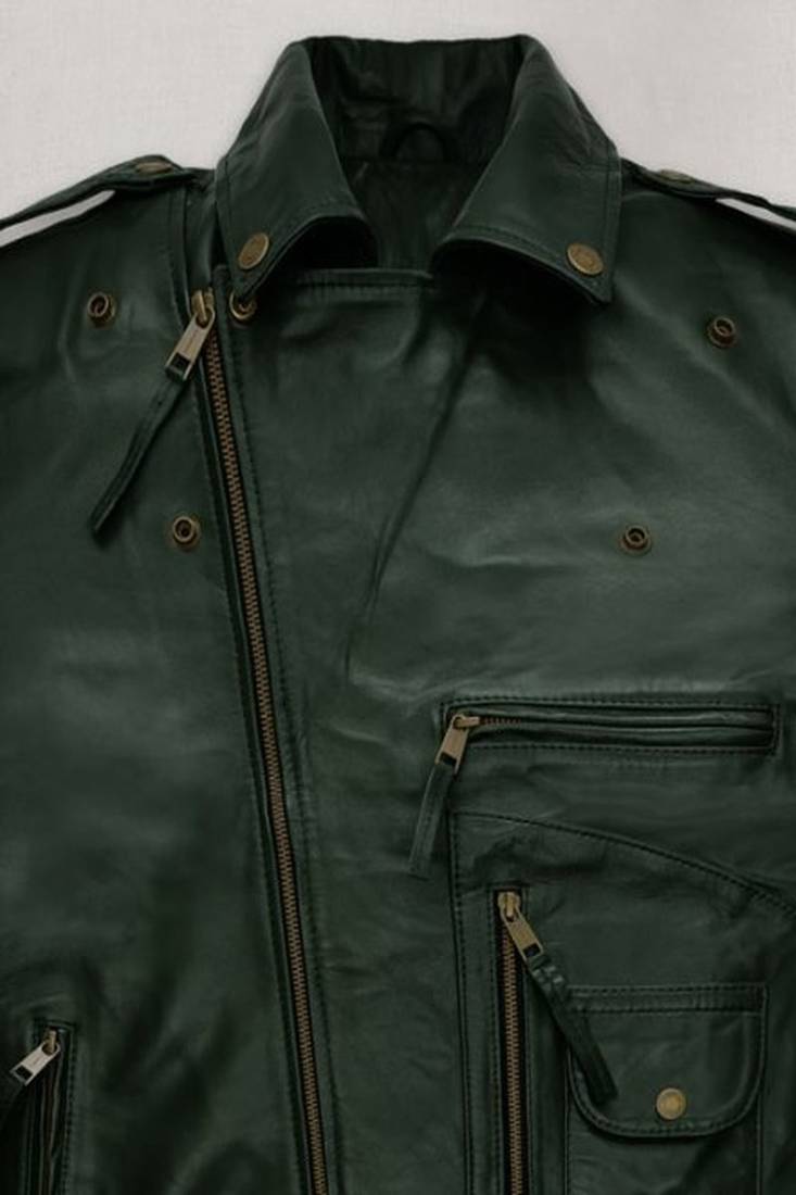 Men’s  dark green leather jacket – zip-up biker jacket chain style