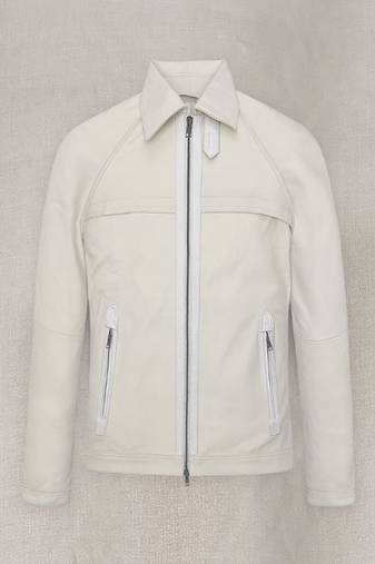 men’s white stairght  chain  leather jacket piping collar  jason statham,style