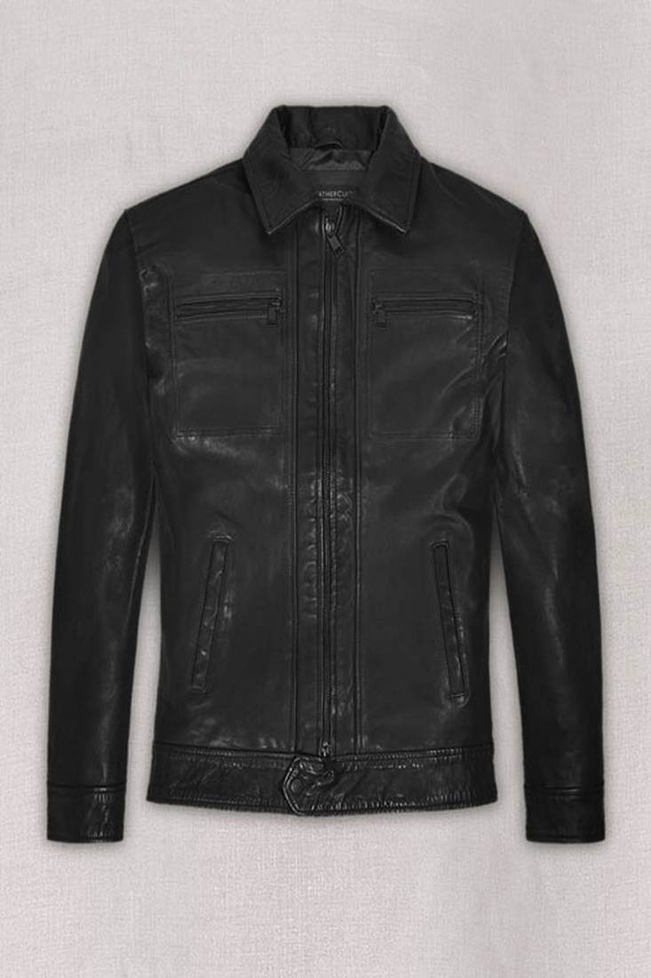 Men’s black shine leather jacket – modern minimal style with zipper fit