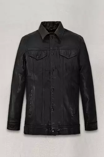 Men’s black leather jacket  – stylish button-up casual slim fit  tom holland. style