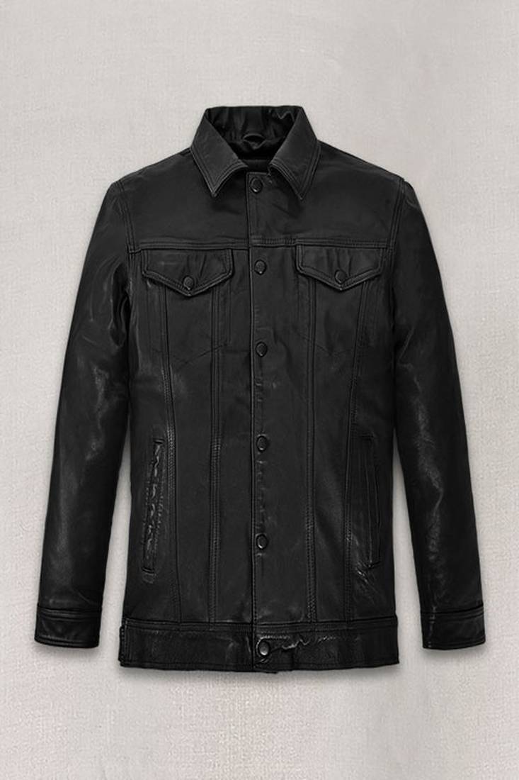 Men’s black leather jacket  – stylish button-up casual slim fit  tom holland. style