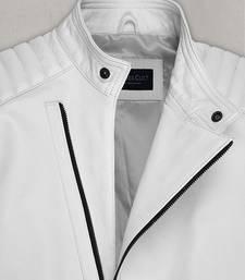 Men’s white leather biker jacket crosen chain– quilted hand style