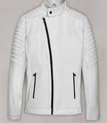 Men’s white leather biker jacket crosen chain– quilted hand style