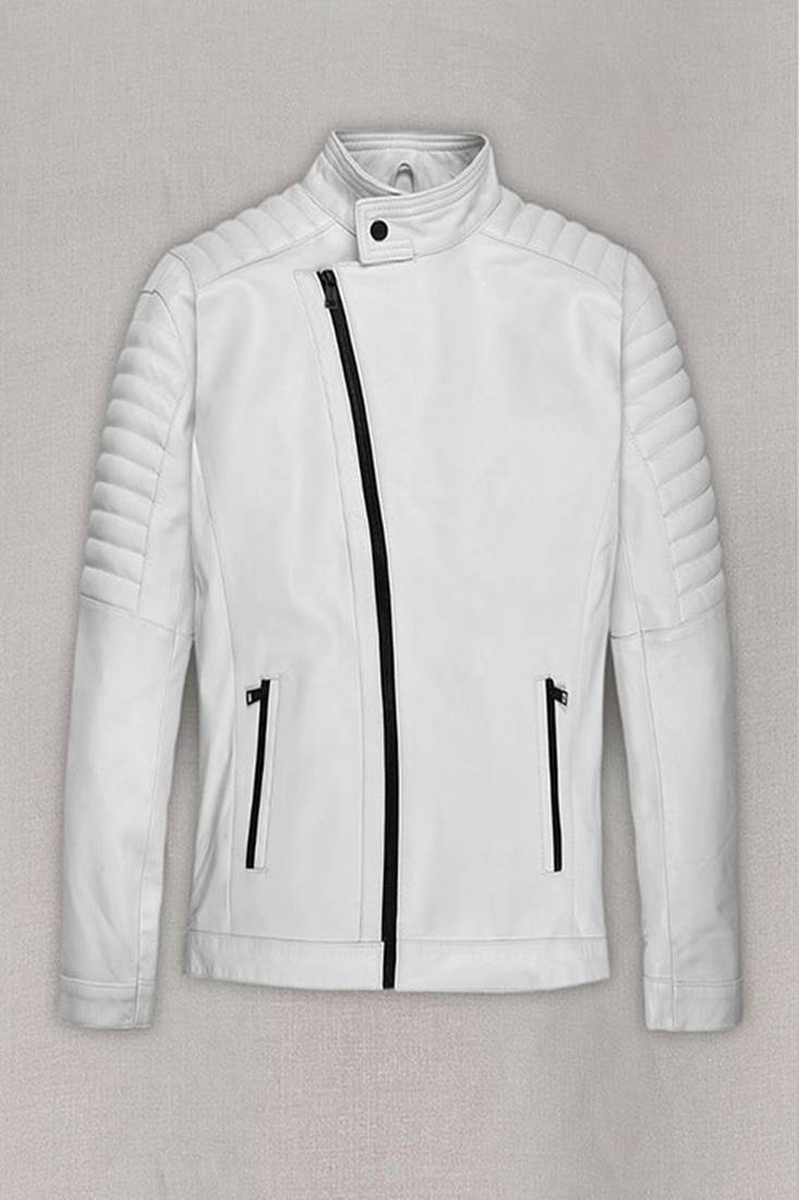 Men’s white leather biker jacket crosen chain– quilted hand style