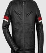 Men’s black leather bomber jacket –red & white stip & zip-up slim fit biker jacket