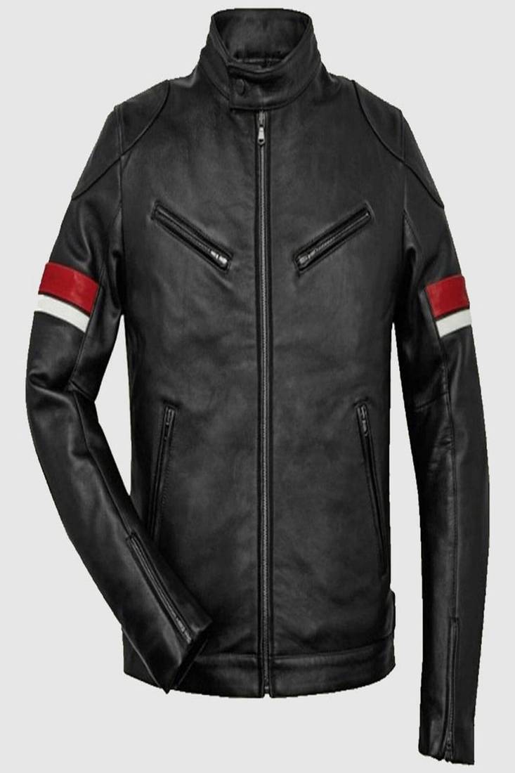 Men’s black leather bomber jacket –red & white stip & zip-up slim fit biker jacket