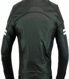 Men’s black leather bomber jacket  black & white stip & zip-up slim fit biker jacket