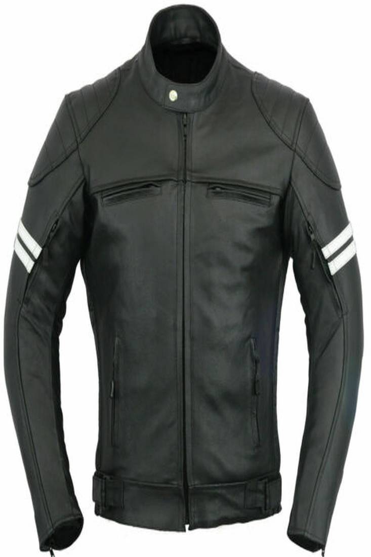 Men’s black leather bomber jacket  black & white stip & zip-up slim fit biker jacket