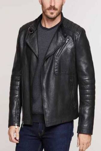 Men’s genuine leather jacket black  – slim fit stand collar cafe racer style