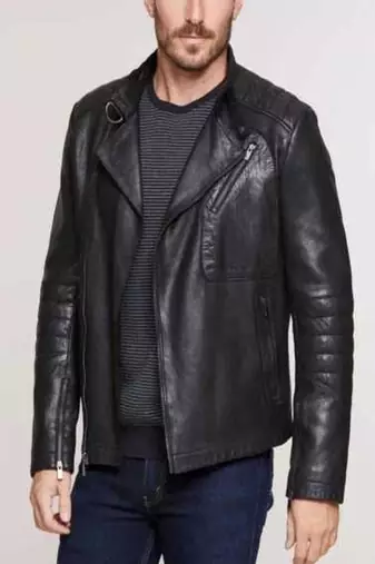 Men’s genuine leather jacket black  – slim fit stand collar cafe racer style