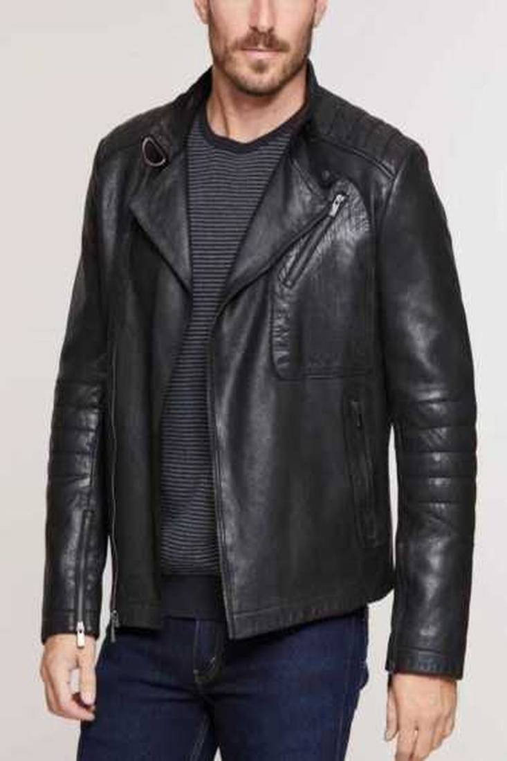 Men’s genuine leather jacket black  – slim fit stand collar cafe racer style