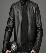 men’s black leather jacket –straight zip biker style cafe racer collar