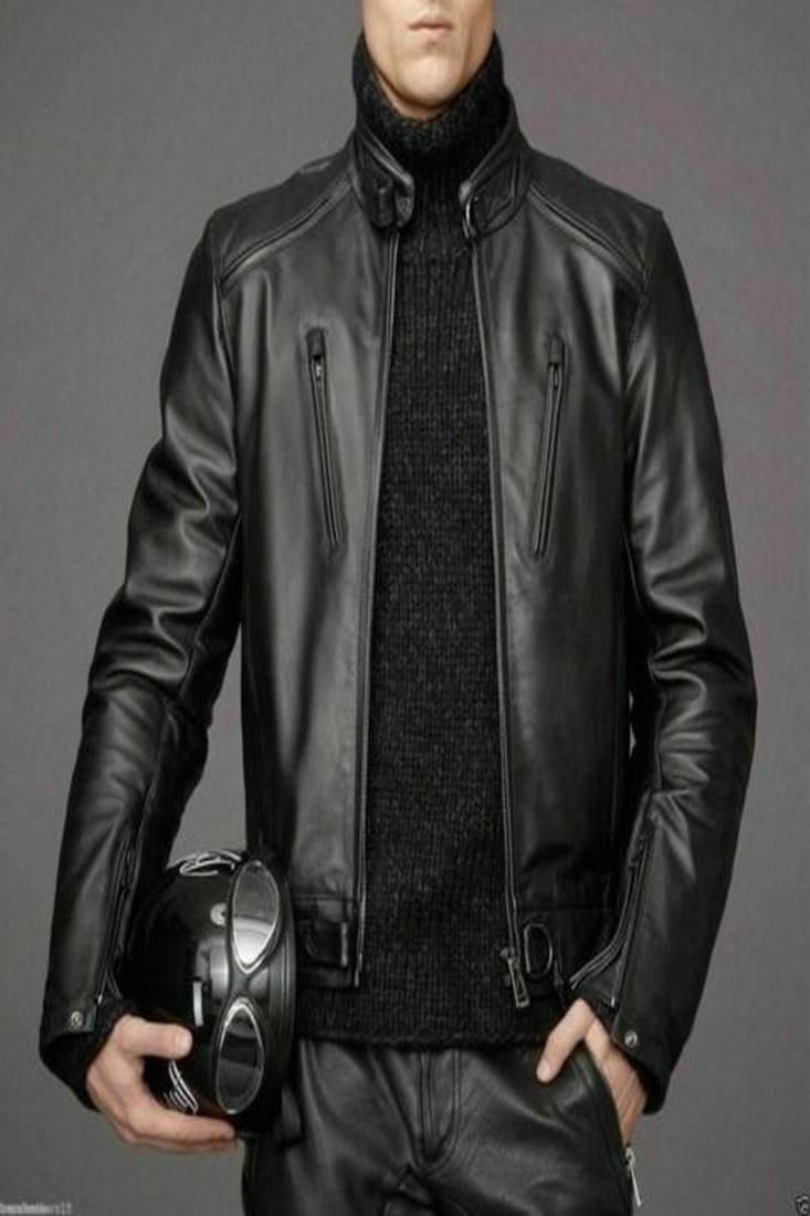 men’s black leather jacket –straight zip biker style cafe racer collar