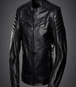 Men’s black  leather jacket – café racer biker  quilted shoulder style