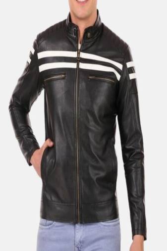 men’s black leather jacket –2strip white style straight chain