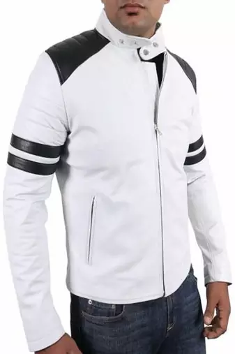 men’s white leather jacket –2strip black style straight chain