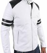 men’s white leather jacket –2strip black style straight chain