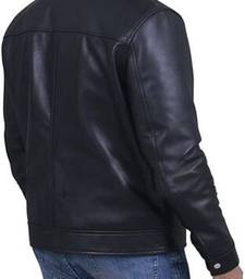 men’s black leather jacket – red & white strip straight chain zip pocket