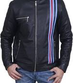 men’s black leather jacket – red & white strip straight chain zip pocket