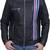 men’s black leather jacket – red & white strip straight chain zip pocket