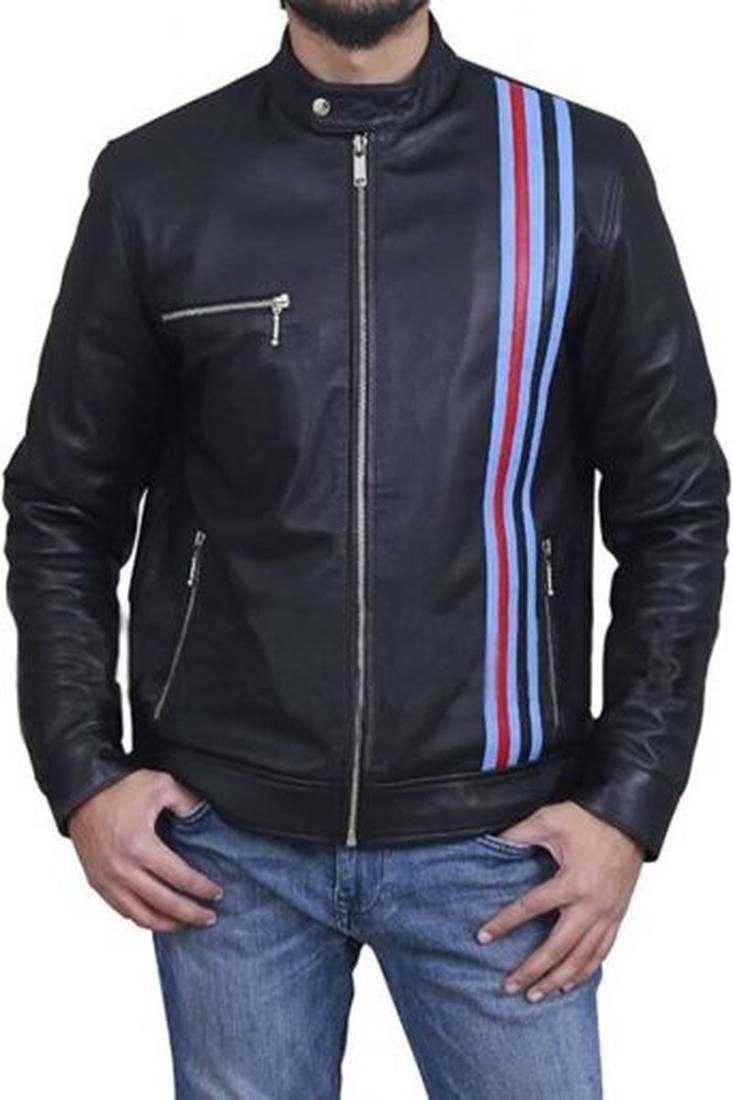 men’s black leather jacket – red & white strip straight chain zip pocket