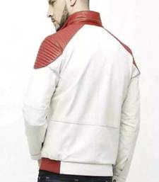 Mens white leather jacket -red quilted  style ziper