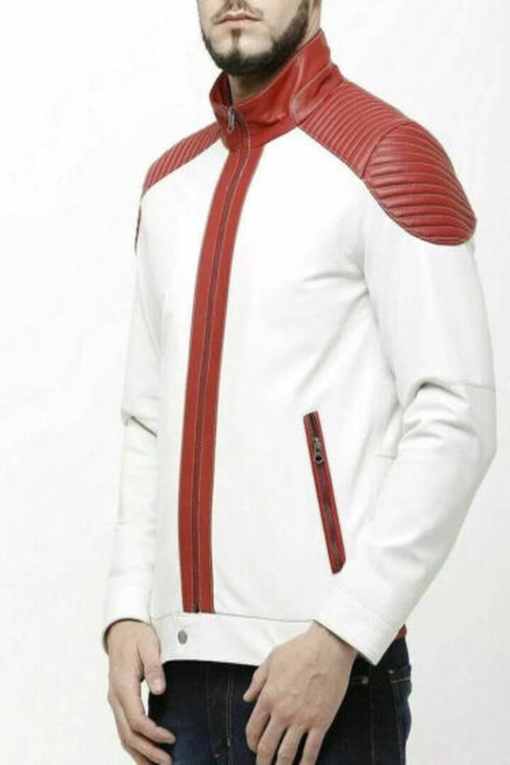 Mens white leather jacket -red quilted  style ziper