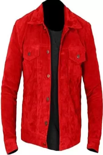 mens red suede leather jacket –button front outerwear