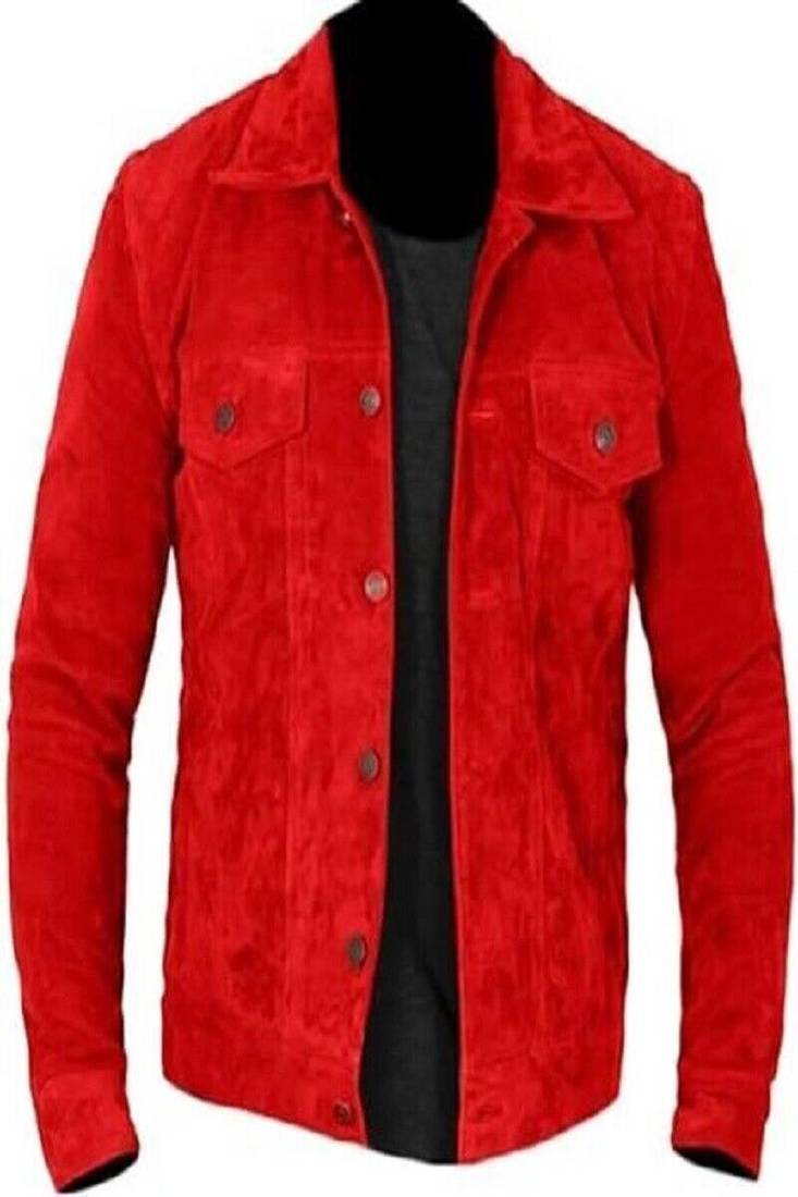 mens red suede leather jacket –button front outerwear