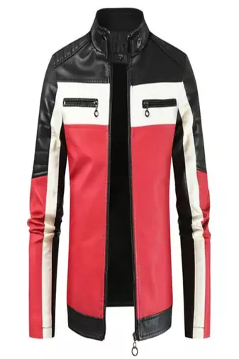 Men’s black  genuine leather jacket –  multi  color casual style with zipper  detail