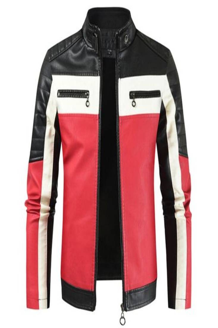 Men’s black  genuine leather jacket –  multi  color casual style with zipper  detail