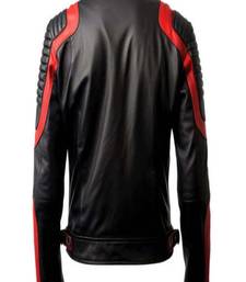 Men's genuine lambskin leather jacket – café racer collar style red pattern