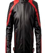 Men's genuine lambskin leather jacket – café racer collar style red pattern